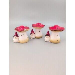 3 mushroom gnome snowman ceramic Christmas decor figurines